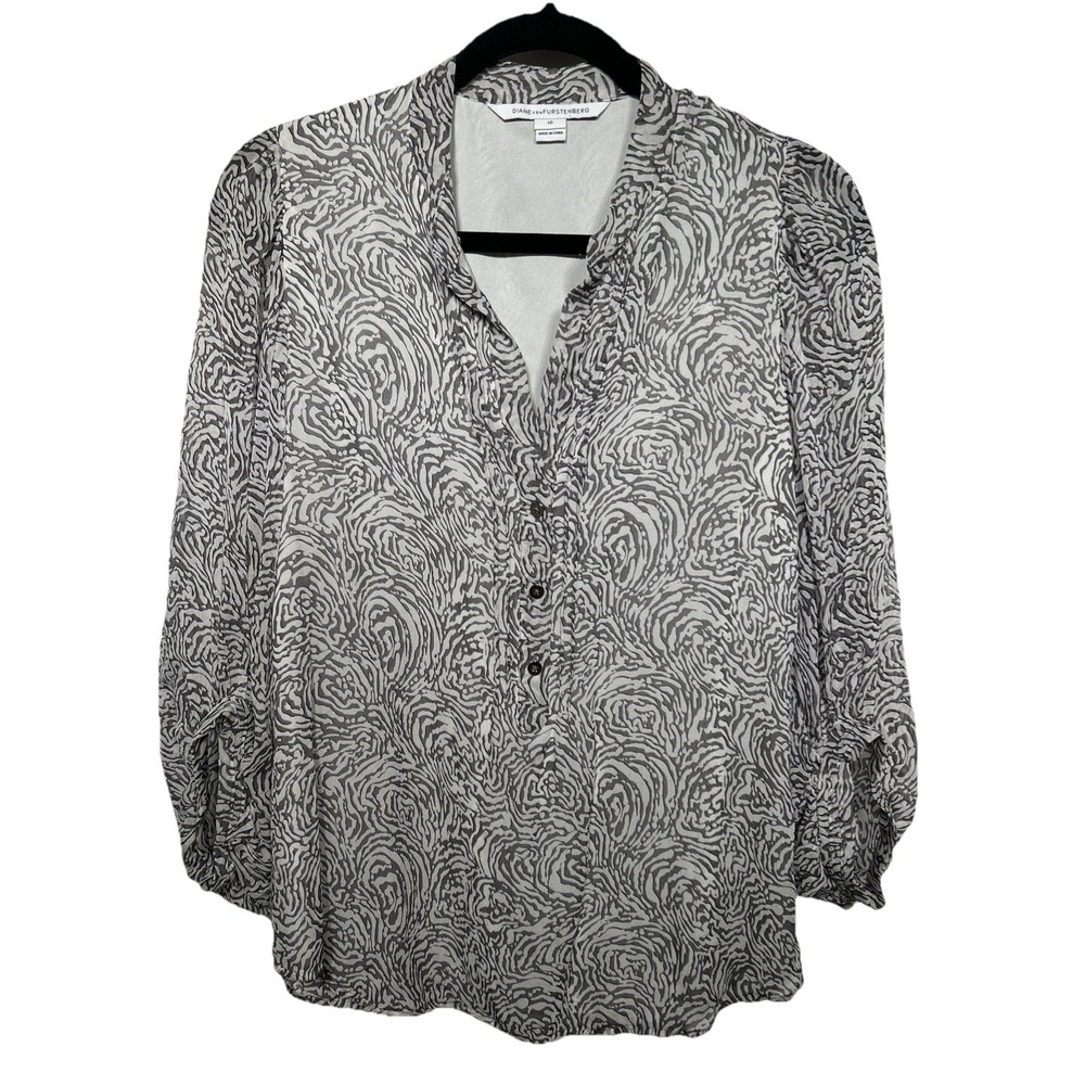 Diane von Furstenberg Balloon Sleeve Silk Blouse Abstract‎ Floral Gray Size  10